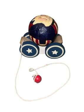Vtg 1988 BRIERE Pull Toy Roly Poly Ball UNCLE SAM Americana Patriotic FLAG STARS